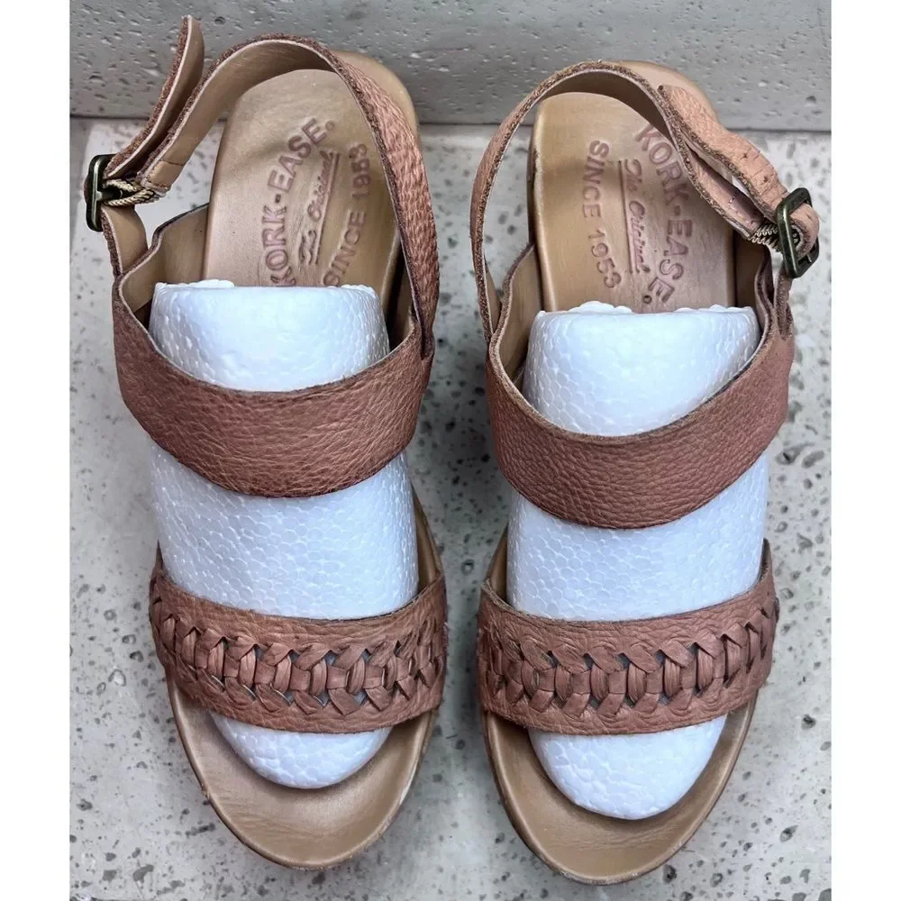 Kork Ease Austin Braid Wedge Sandal Tan Leather Shoe Size 6M